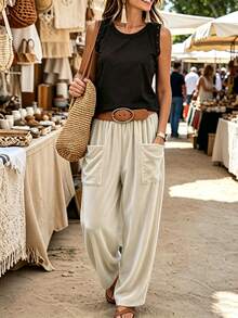 Holdful Holdful Women Fall Casual Relaxed Fit Harem Pants Textured Soft Baggy Long Pants With Side Pockets For Daily - Grey - View 3