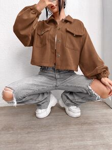 SHEIN LUNE 翻蓋口袋落肩短版夾克（不含背心上衣），秋冬休閒款 - 摩卡棕 - 查看 5