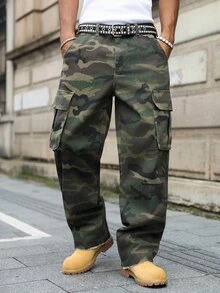 Manfinity EMRG Men's Camouflage Print Cargo Denim Wide Leg Pants - Army Green - View 5