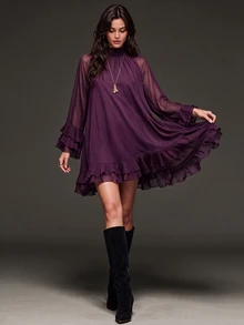 CielaLinda Women's Purple Boho Chiffon Mini Dress, Long Sleeve Ruffle Dress - Purple - View 1