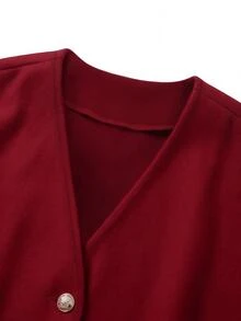 GlowEve CURVE Plus Size Women's Autumn/Winter Elegant Minimalist Versatile V-Neck Cape Shawl With Patchwork Tassel & Button Decor Wool Blend Solid Color Coat - Burgundy - View 7