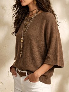 SHEIN 休閒寬鬆圓領 3/4 袖針織基本款蝙蝠袖設計灰色女款春秋針織上衣 - 棕色 - 查看 3