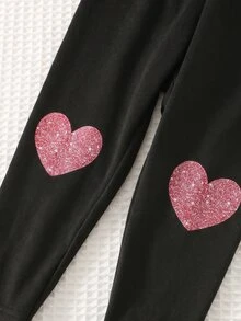 SHEIN 女嬰針織純色愛心圖案衛衣長褲兩件套，家庭搭配里程碑系列，粉色、黑色與粉色，秋季，粉色上衣 - 彩色 - 查看 5