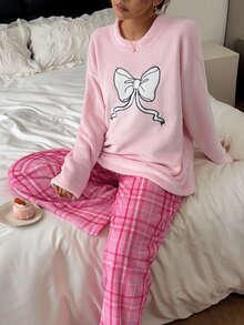 Napfluff Bow Embroidery Round Neck Top & Plaid Print Long Pants Comfortable Fuzzy Pajama Set - Pink - View 8