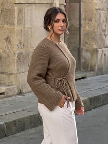 Firerie Plus Size Women Solid Color Long Sleeve Side Knot Casual Knit Cardigan - Yellow - View 1