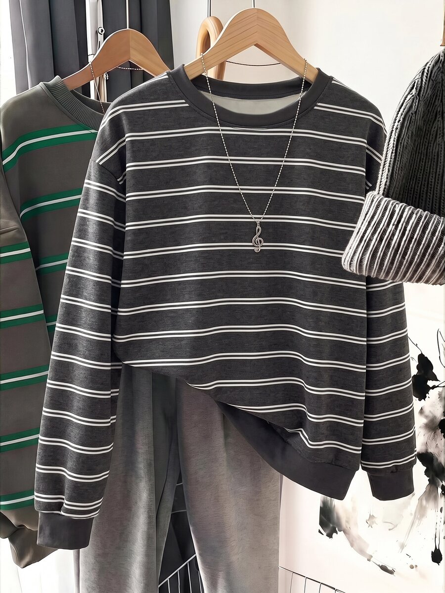 Comfylo Plus Size Women's Striped Crew Neck Drop Shoulder Long Sleeve Casual Sweatshirt, Winter - Multicolor - View 1