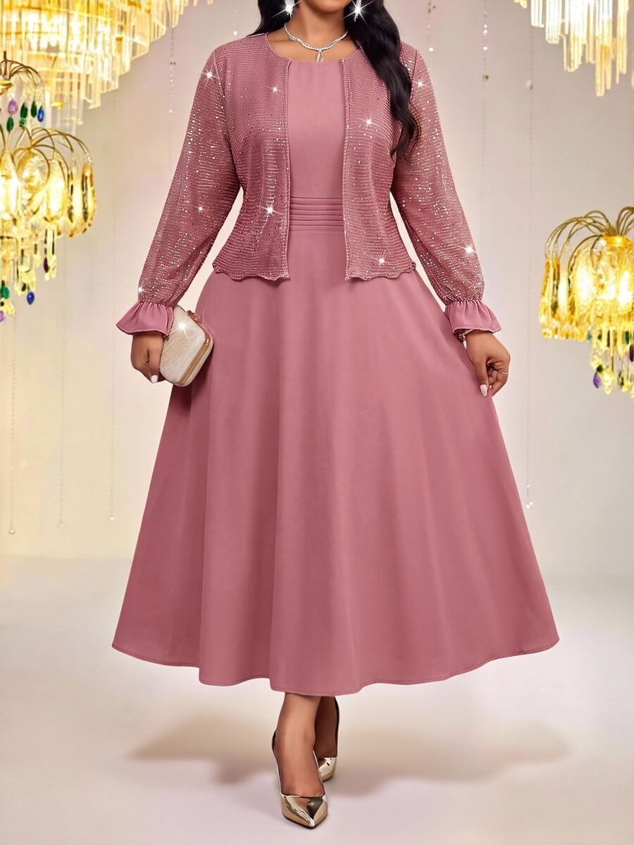 Fleurora Plus Size Women's Sequin Ruffle Cuff Open Front Jacket And Dress Elegant 2 Pieces Set - Dusty Pink - View 1
