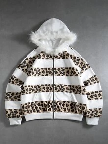 ROMWE MEN Men's Plush Collar Leopard Print Striped Loose Sweatshirt - White - View 1