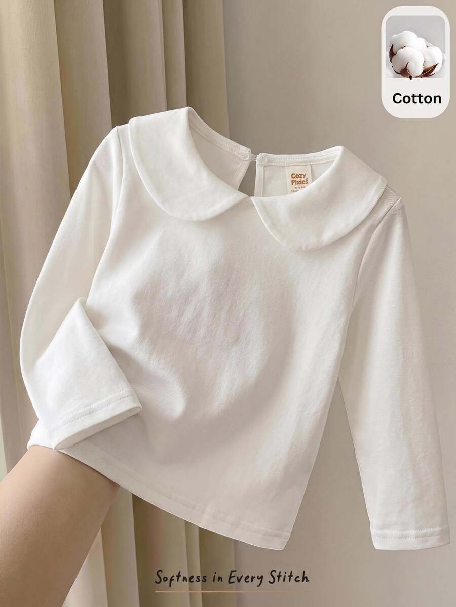 Cozy Pixies Baby Girl Knit Solid Color Peter Pan Collar Casual T-Shirt Top - White - View 1