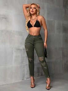 SHEIN SXY 女款破洞修身休閒百搭牛仔褲，附口袋 - 0.霧綠 - 查看 6