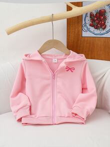 SHEIN 嬰兒女童休閒純色保暖內裡連帽拉鍊外套，適合秋冬穿著 - 粉色 - 查看 2