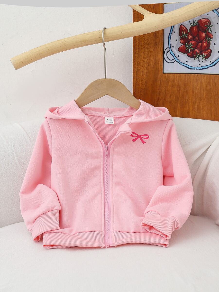 SHEIN 嬰兒女童休閒純色保暖內裡連帽拉鍊外套，適合秋冬穿著