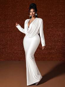 Maweii Plus Size Women Solid Color Deep Neck Ruched Fitted Elegant Dress - White - View 5