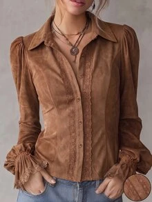 LUMIGAL Women's Autumn/Winter Long Sleeve Patchwork Lace Elegant Fashion Blouse - Brown - View 1