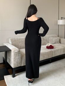 Modelyn Women's Solid Color Faux Pearl Decor Cold Shoulder Long Sleeve Fitted Elegant Knit Dress - Black - View 2