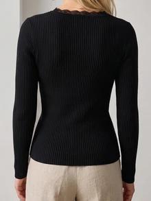 SHEIN LUNE Women's Solid Color Contrast Lace V-Neck Long Sleeve Slim Fit Sweater - Black - View 2