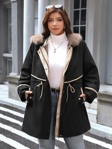 Comfylo Plus Size Women's Long Sleeve Zip-Up Hooded Jacket With Drawstring Waist - Black - View 3