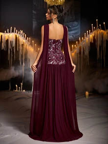 Glamrae Elegant Plum Purple Sequin Embroidered Mesh Strapless A-Line Evening Gown With Flutter Sleeves - Dark Purple - View 3