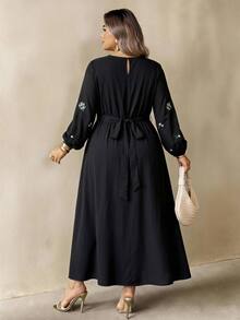 SHEIN CURVE+ Plus Size Round Neck Lantern Sleeve Long Sleeve Floral Print Dress Fall - Multicolor - View 2