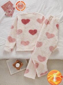 Set Pakaian Santai Atasan Lengan Panjang dan Celana Motif Hati untuk Anak Perempuan Remaja - Baby Pink - View 3