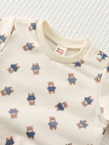 Cozy Pixies 2件組新生兒嬰兒休閒日常舒適熊圖案圓領長袖上衣與刺繡燈芯絨長袖吊帶褲套裝 - 卡其色 - 查看 3