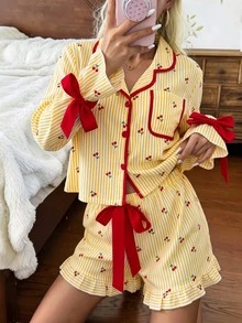 CottageSlumber Cute Bowknot Ruffle Heart Stripe Long Sleeve Loungewear - Multicolor - View 5