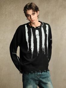 ROMWE MEN Men's Brush Pattern Distressed Hem Drop Shoulder Loose Fit Long Sleeve Sweater - Black - View 6