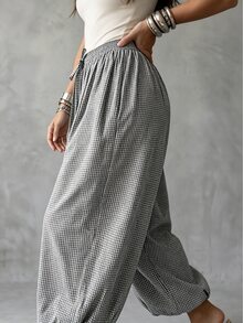 Linhara CURVE Autumn/Winter Casual Relaxed Artistic Style, Japanese Linen Slouchy Fit, Comfortable And Effortless, Daily Vacation, Commute Casual Plus Size Pants - Black and White - View 7
