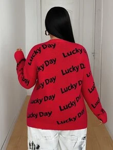 Maweii Plus Size Women's Letter Print Long Sleeve Single-Breasted Knit Cardigan Winter - Red - View 3