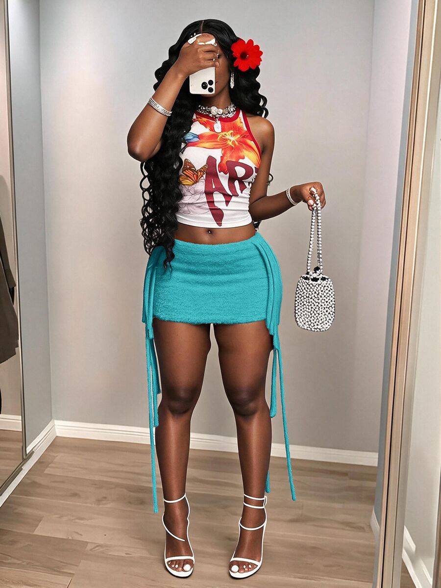 Slaydiva Women's Solid Color Casual Versatile Daily Wear Knitted Mini Skirt - Mint Blue - View 1