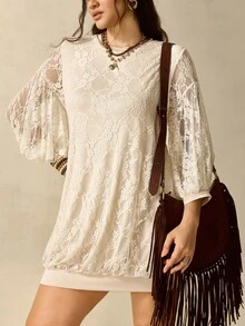 Nubod French Vintage Elegant Commuter Petal Sleeve Mesh Patchwork Apricot Dress - Apricot - View 5