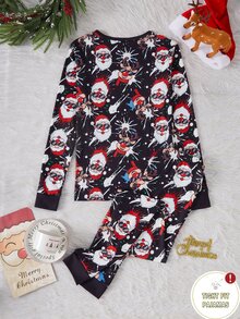 1 Set Boys' Christmas Santa Print Long Sleeve Long Pants Contrast Color Cuffs Hem Collar Snug Fit Loungewear Set (1 Set Sold Separately) - Multicolor - View 2