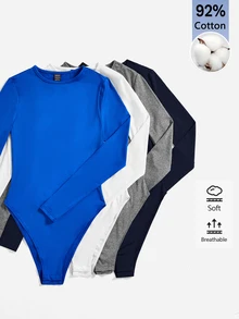 SHEIN BASICS 女款純色圓領長袖休閒連身衣T恤 - 藏蓝色 - 查看 7