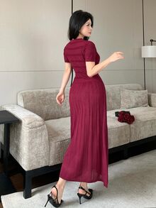 Modelyn Women's Solid Color Round Neck Short Sleeve Button Design Elegant Knit Dress - Burgundy - View 2