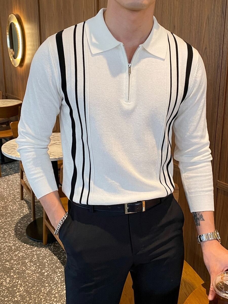 Manfinity Homme 男士半拉鍊領直條紋長袖 Polo 衫,休閒套頭針織衫,適合通勤,送給男友的禮物 - 彩色 - 查看 1