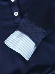 1pc Basic Casual Lazy Preppy Style Patchwork Shirt Collar Faux Two Pieces Pullover Sweatshirt, Suitable For Daily/Outing/Back To School/Outdoor/Home/Multiple Occasions, Spring/Summer/Autumn/All Seasons, Autumn/Winter Outfit - Navy Blue - View 6