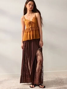 Willow Rêve Women's Brown Chiffon Lace Patchwork Loose Straight Leg Pants - Brown - View 7