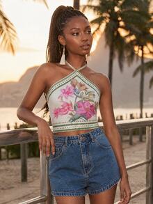 CAJUNI Vacation Floral Embroidery Halter Top - Multicolor - View 9