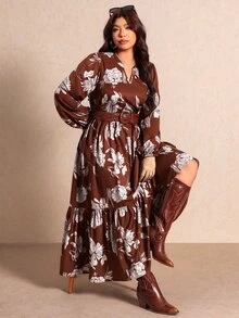 Elaquor 大尺碼女款花卉印花休閒派對與旅行連身裙 秋季 - 彩色 - 查看 6