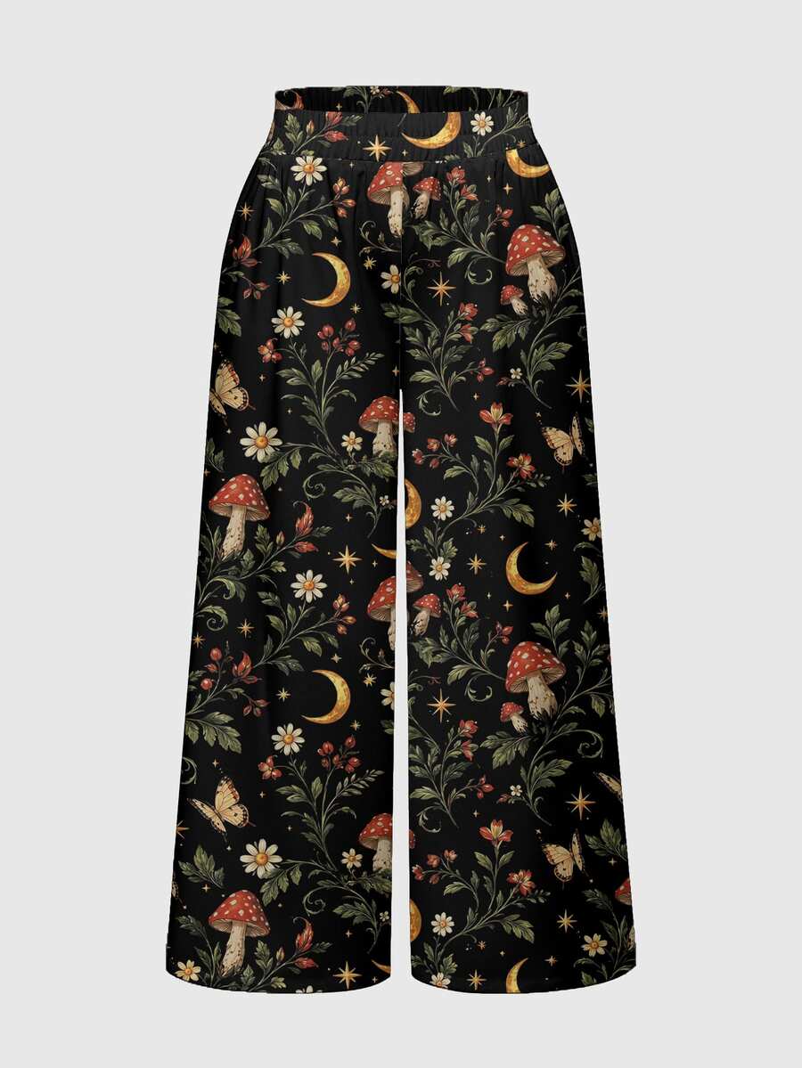 ROMWE Fairycore Dark Forest Hippie Mushroom Sun Moon Star Plus Size Pants - Black - View 1