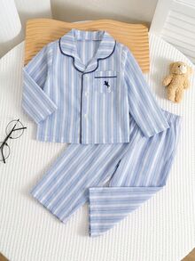 Baby Boy Striped Collared Contrast Trim Long Sleeve Loose Thick Open Front Top And Straight Leg Pants Set, Versatile For Winter - Blue and White - View 3