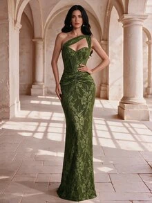 Coutiva Women's One Shoulder Lace Ruffle Mermaid Hem Sleeveless Elegant Formal Formal Prom Event Evening Gown (Heavy Embellished) Wedding Olive Green Winter - Army Green - View 4