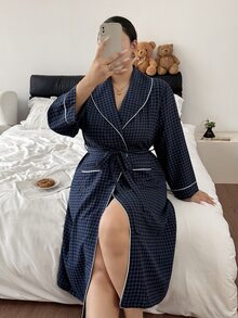 Napfluff CURVE Napfluff CURVE Minimalist Tie Waist Plaid Plus Size Loungewear Robe - Multicolor - View 3