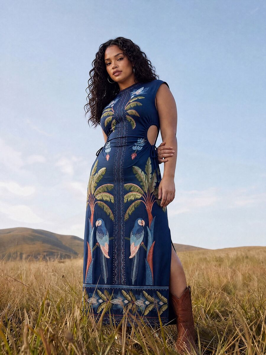 CAJUNI Plus Size Women's Vacation Palm Tree Print Side Cutout Sleeveless Dress - Blue - View 1