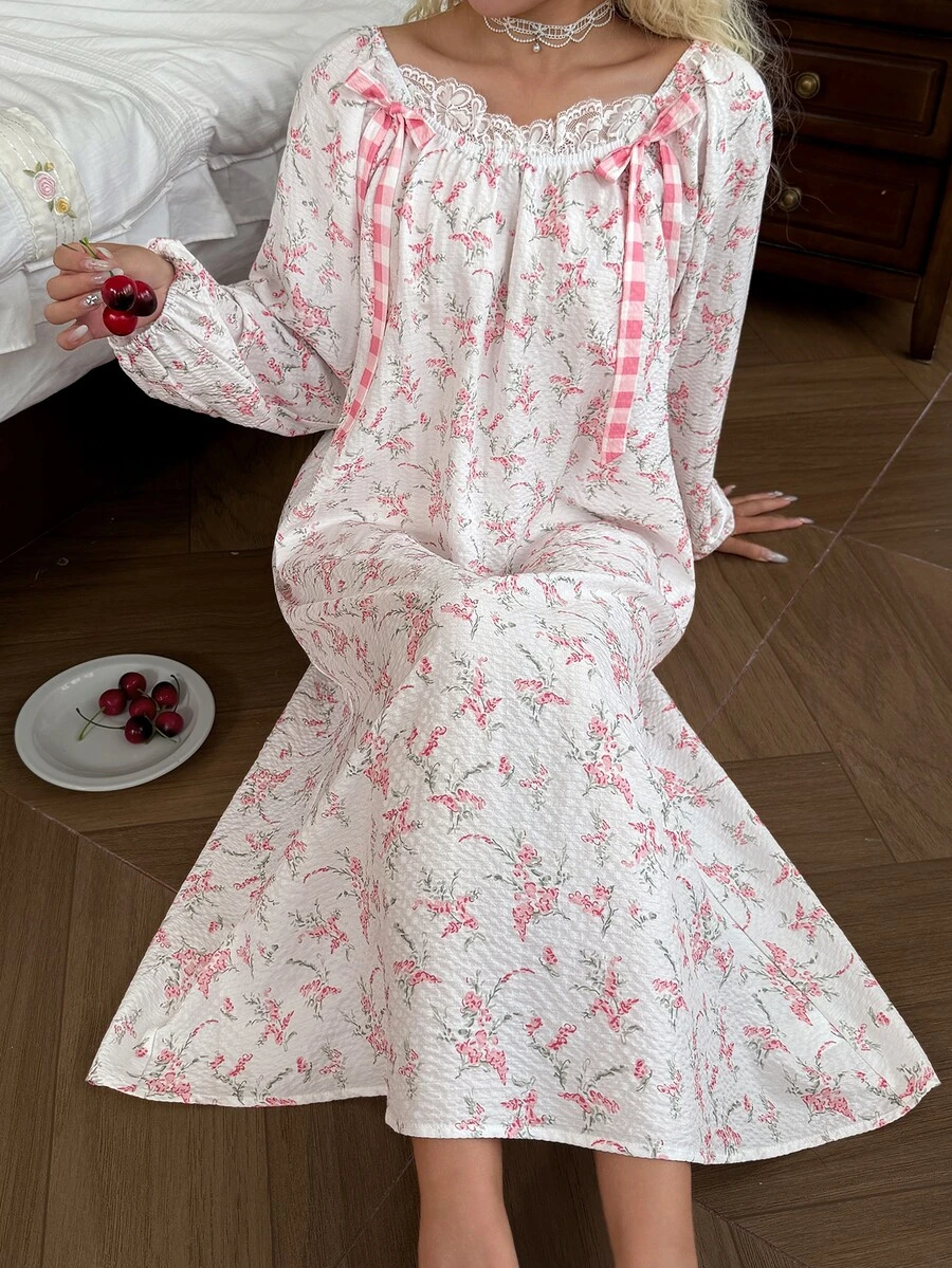 CottageSlumber Spring/Autumn Long Sleeve Ditsy Floral Ruched Bow Decor Nightgown - White - View 1