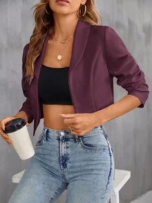 BizChic 女款薄款翻領開襟短版西裝外套上衣 都市通勤休閒商務風 辦公室約會穿搭 秋季萬聖節深紫色 - 中紫紅色 - 查看 4