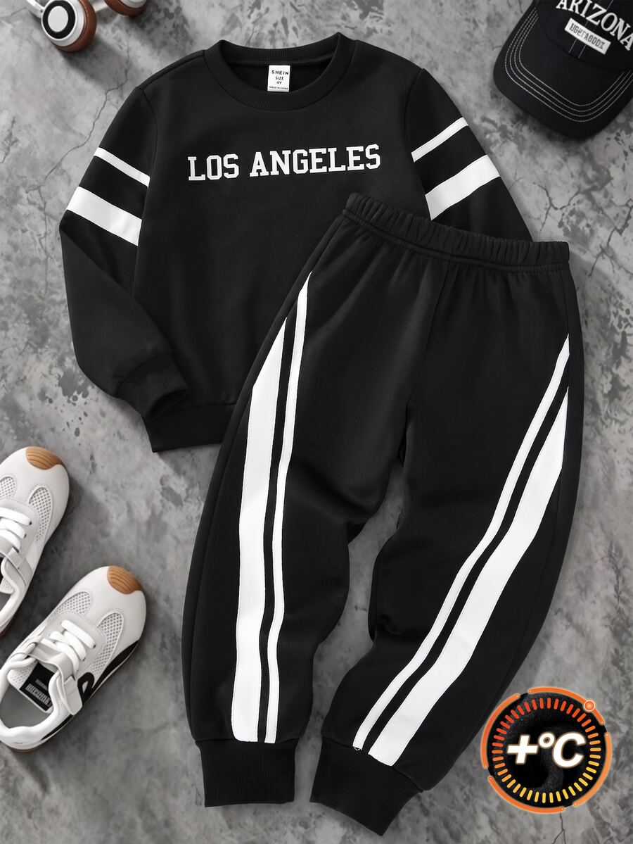 男童運動套裝 LOS ANGELES 印花圓領運動衫與慢跑長褲 2 件組,兒童黑白條紋休閒運動服,秋冬男童百搭戶外穿搭 - 黑色 - 查看 1