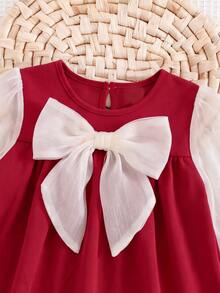 SHEIN Babygirl Cute Casual Colorblock Red Bow Long Sleeve Dress - Red - View 7