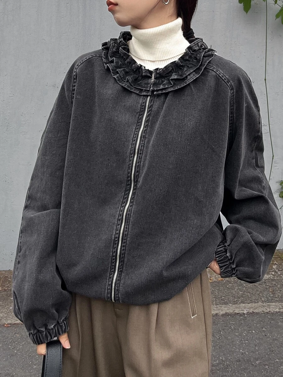 FRIFUL Women's Fashion Zipper Frill Trim Patchwork Denim Jacket - Black - View 1