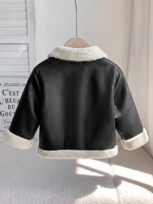 SHEIN 新生兒黑色PU保暖內裡夾克外套 街頭風可愛休閒 秋冬款 - 黑色 - 查看 2